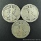 Three Walking Liberty silver half dollars, 1917, 1918, 1920.