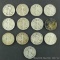 Thirteen Walking Liberty silver half dollars, 1917 through 1944. Some gaps in dates.