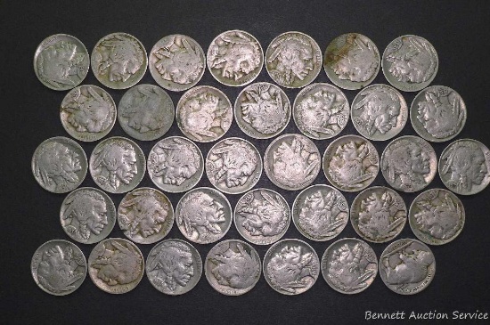 Thirty-six 5 cent pieces, 1920 to 1937.