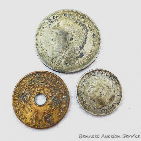 1943-S Australia Florin, sterling silver coin; 1942-D Australian Six Pence, 50% silver; 1942-P