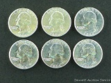 Six 1964-D silver Washington quarters appear uncirculated.