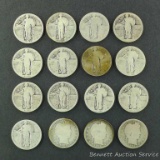 16 silver quarters incl Barber and Standing Liberty. Over half have legible dates.