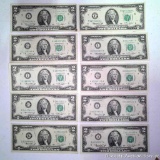 Ten 1976 U.S. Two dollar bills.