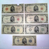 7 $5 bills ranging 1928 to 1963.