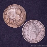 1883 five cent type 1, w/o cent; 1938 cent.