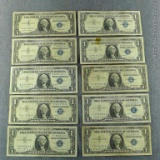 Ten $1 silver certificates incl 1957, 1957-A, 1957-B