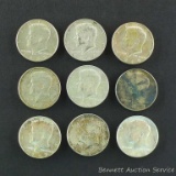 Nine 1965 through 1969 Kennedy silver clad half dollars