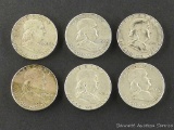 Six Franklin silver half dollars, 1951-1961. Mint marks, D, S, plain. Some gaps in dates.