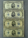 Four $5 silver certificates incl two 1934-A, one 1934-D, one 1953-A