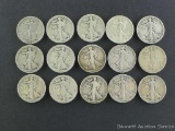 Fifteen Walking Liberty silver half dollars, 1918 through 1941. Some gaps in dates.
