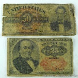 50 cent Lincoln fractional currency note, we think it reads 1863; 25 cent fractional currency note