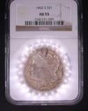 1902 S Morgan silver dollar, encased and graded AU55 by N.G.C.