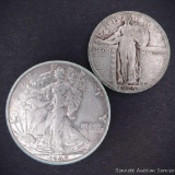 1945 D Liberty silver half dollar; 1925 Liberty quarter.