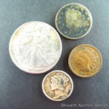 1907 Indian head cent; 1890 Liberty head nickel; 1944D Liberty head (Mercury) dime; 1939 Liberty