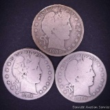 3 Barber silver half dollars, 1908D, 1909, 1911S.