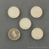 Five Liberty head 'V' nickels, random dates