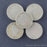 Five Liberty head 'V' nickels, random dates