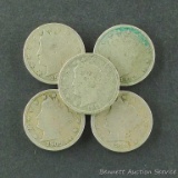 Five Liberty head 'V' nickels, random dates