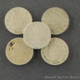 Five Liberty head 'V' nickels, random dates