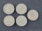 Five Liberty head 'V' nickels, random dates