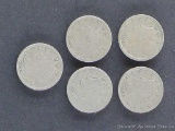 Five Liberty head 'V' nickels, random dates