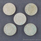 Five Liberty head 'V' nickels, random dates