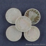 Five Liberty head 'V' nickels, random dates