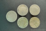 Five Liberty head 'V' nickels, random dates