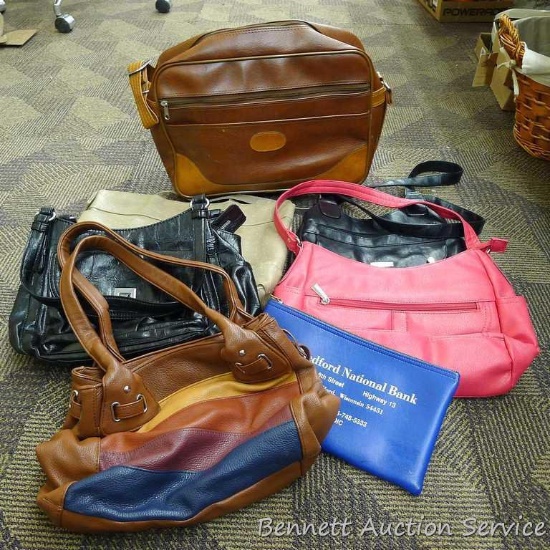 Tote with assorted handbags. Tote is 16-1/4" x 13" x 12", lid is included.