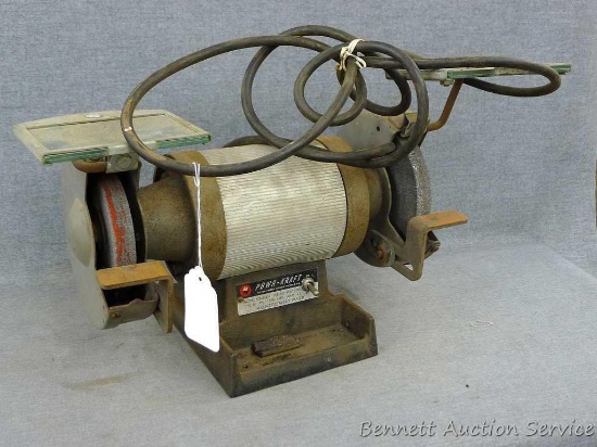 Powr-Kraft Montgomery Ward 6" bench grinder. Runs well with little vibration. Water tray is missing.