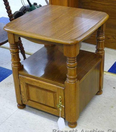 Nice wooden side table with shelf and storage cabinet. Approx. 18" x 18" x 21" high. Very nice