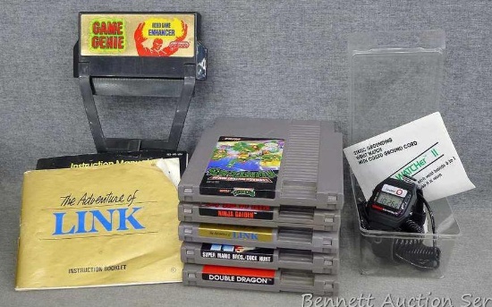 Nintendo games; ESD-WATCHer II, NIP; Game Genie video enhancer. Games incl. Double Dragon, Teenage