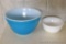 Blue Pyrex 1-1/2 pint bowl, plus another small milky colored bowl is 3-1/2