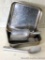 Two Vollrath stainless steel 8x8 pans; Pikes Peak Spade ice cream scoop No. 189; aluminum sugar