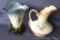 Two Hull pottery pieces have floral designs. Blue rimmed vase is marked 'Hull W16 - 8-1/2