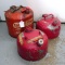 3 Metal gas cans. Largest is 5 gallon and others 2-1/2 gallon. All have some dents. Two have spouts.