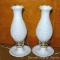 Two striking milk glass lamps have an antique lantern theme and stand 14