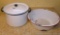 Large white with red enameled dish pan; White enameled stock pot/canner and lid. Dish pan is 15