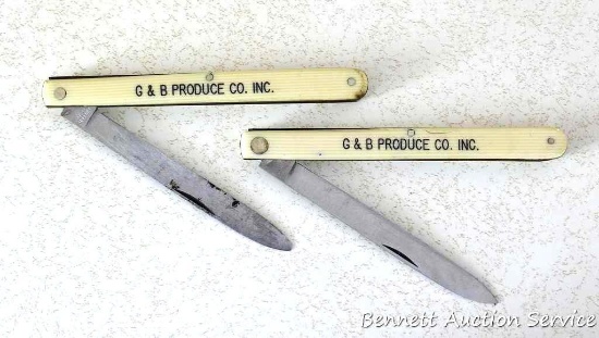 Two promotional melon knives made in Germany by Murcott. 8-1/2" open. Advertise G&B Produce Co. Inc.
