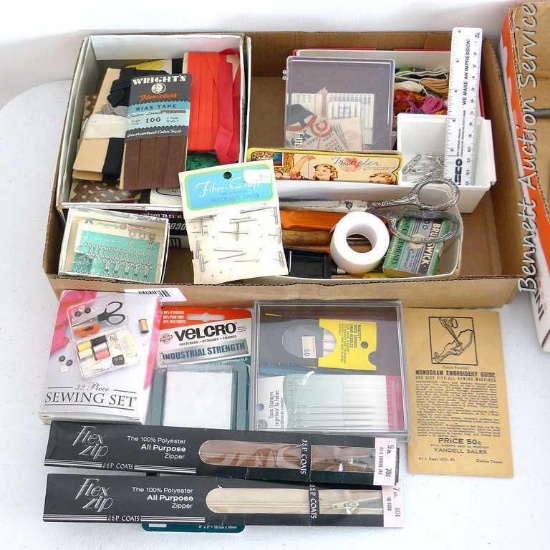 Sewing notions including bias tape, velcro, needle book, hook & eyes, embroidery floss, rick rack,