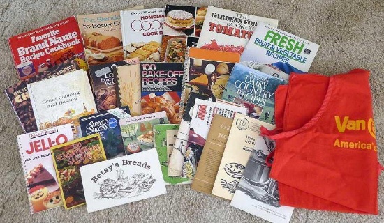 Cookbooks including Not by Bread Alone, cookie cookbooks, Jello, Modern Guide to Pressure Canning &