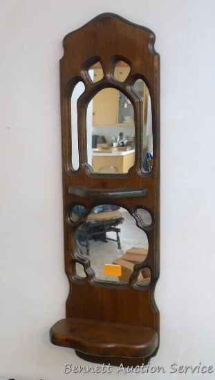 Retro heavy wooden display shelf with mirror is approx. 38" long and 11" at widest. In good