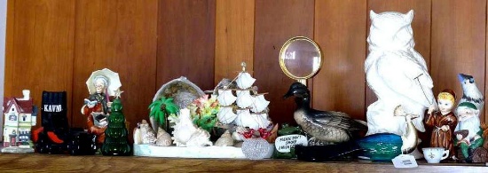 Shell art display, 12" tall owl figurine; Avon collectibles including KAVN, car, magnifying glass,