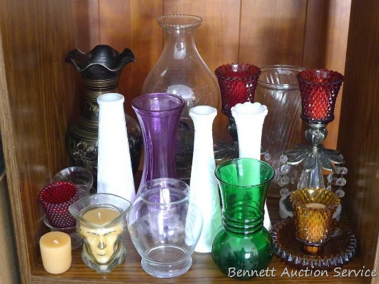Assorted vases and candle holders as pictured. Brass vase has a tag marked 'IHI Solid Brass Made in
