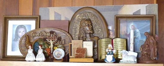 Religious plaques, figurines, books, decorations, etc. Print is largest piece at 32" wide.