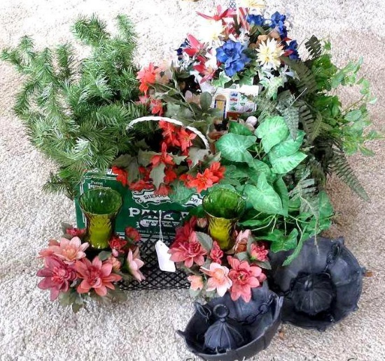 Quantity of faux flowers, ferns, evergreen, etc. Also wrought iron candle holder, more.