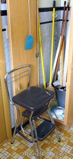 Cosco kitchen stool; brooms, mops, yard sticks, dusters, mop bucket, sweeper, dust pans, garbage
