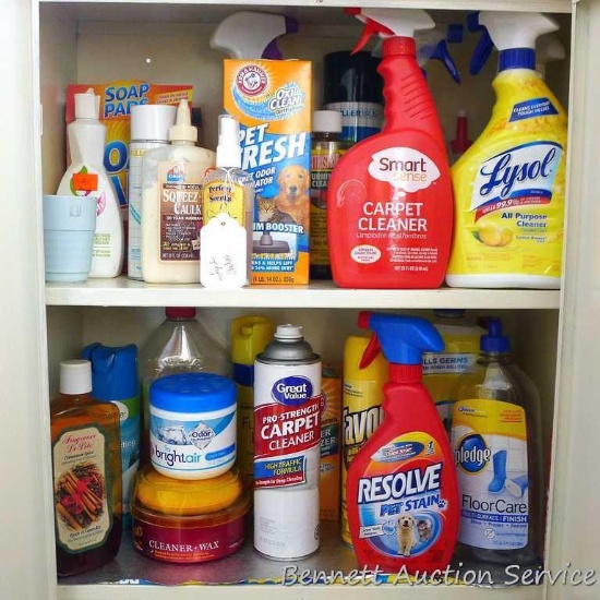 No shipping. Two shelves of full and partial household cleaners including carpet cleaner, all