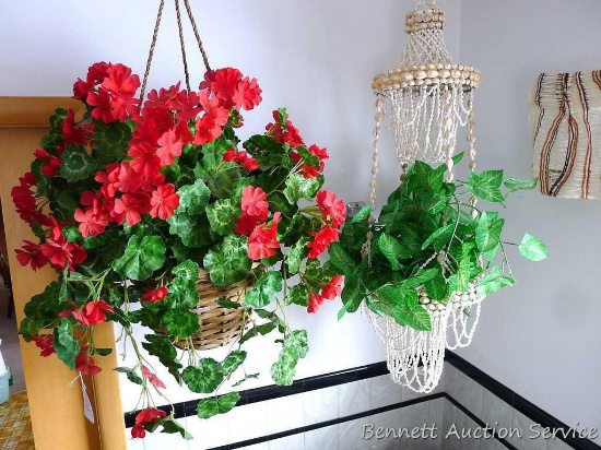 Funky plant hanger made of sea shells hangs approx. 3'; Faux geranium hanging basket.