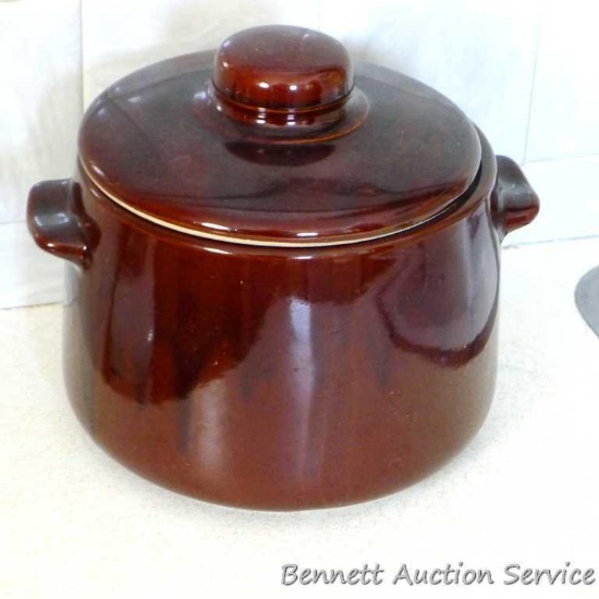 Stoneware bean pot is marked 'USA' and measures 5" high x 7-1/2" at bottom. No chips or cracks